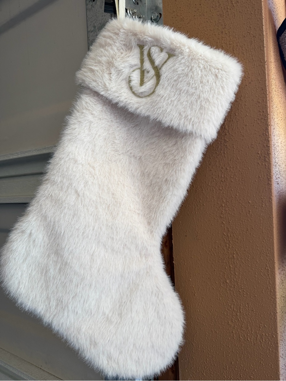 Victoria's Secret Ivory Faux Fur Stocking with Gold Tag